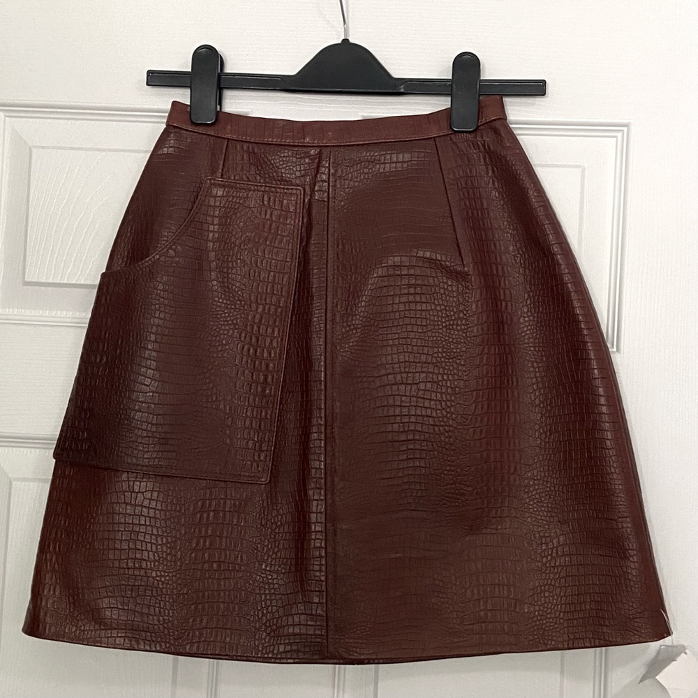 Rare Vintage Wahou Sue Genuine Alligator Leather Skirt Brown Pencil Skirt Silk